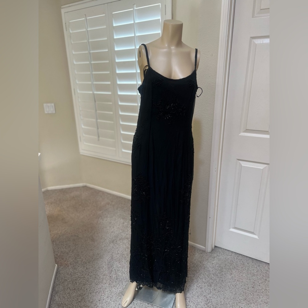 VNTG 80s Adrianna Papell Black Sequence Beaded Gown Evening Maxi Dress Y2K SZ 12
